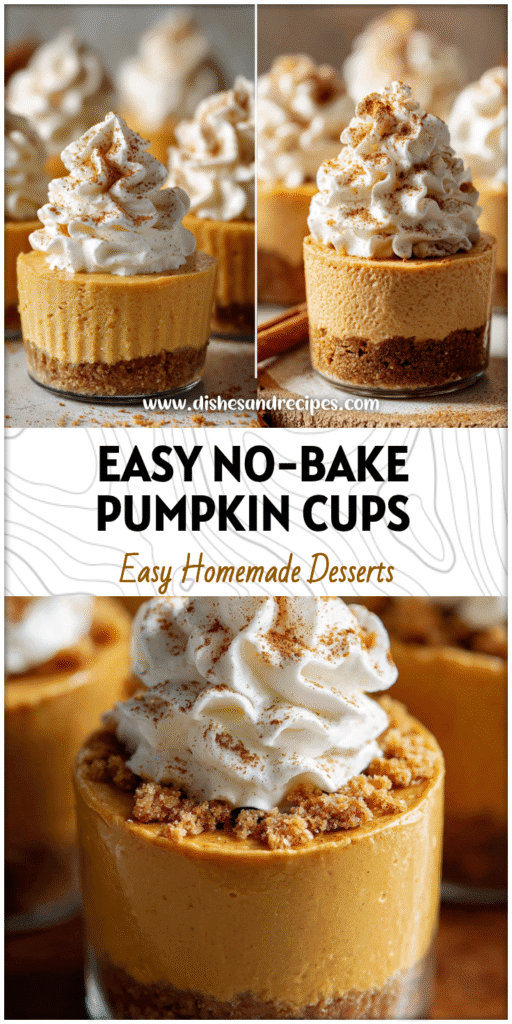 Creamy no bake pumpkin cheesecake cups topped with whipped cream and cinnamon in glass jars.